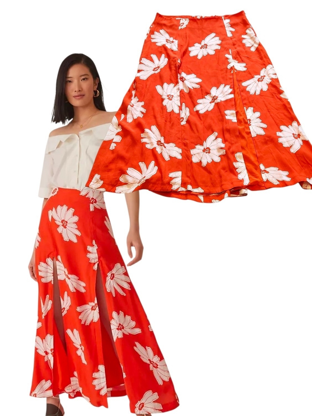 NWT Anthropologie Maeve Floral Double Slit Midi Maxi Skirt Red White Plus Sz 16W